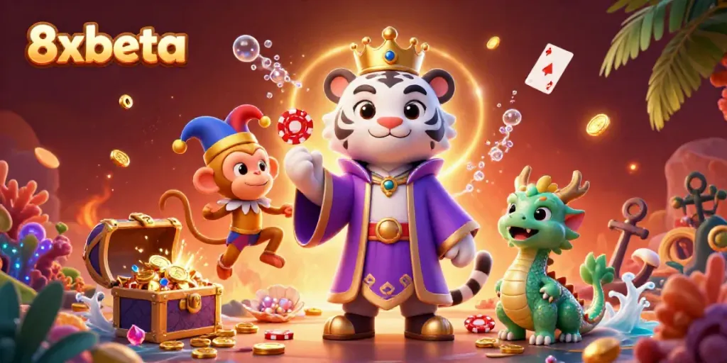 Experience the vibrant excitement of 8xbeta with a dynamic casino scene featuring playful characters and shimmering treasures.