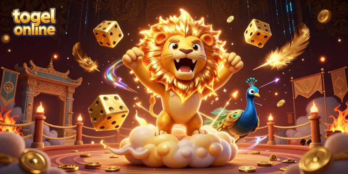 Permainan togel online yang menarik dengan singa mengagumkan di tengah awan emas dan dadu berkilau.