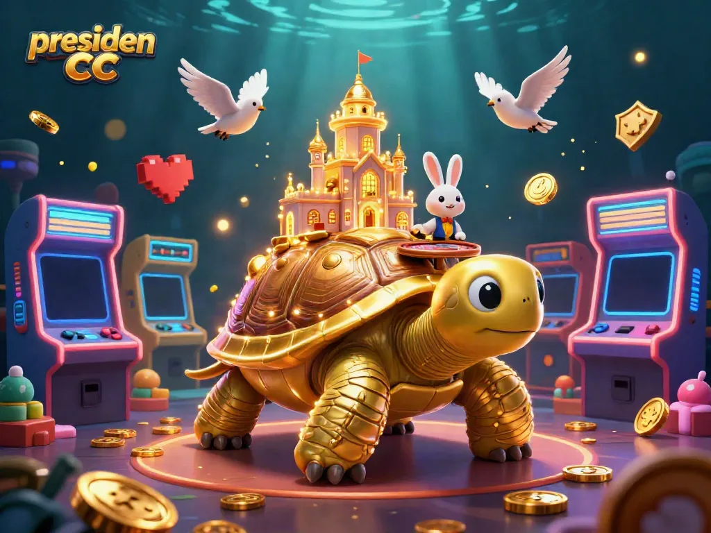 Experience the excitement of presiden cc with a vibrant 3D casino scene featuring a golden tortoise and rabbit dealer.