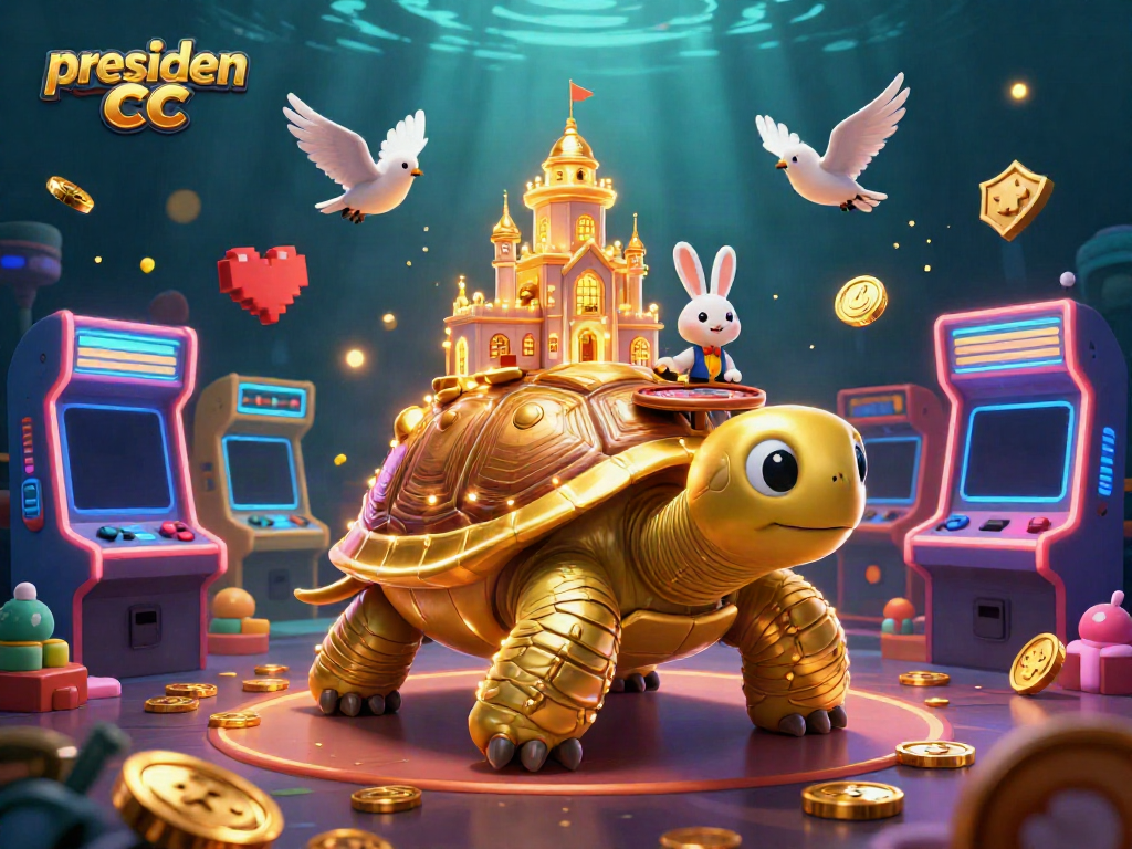 Experience the excitement of presiden cc with a vibrant 3D casino scene featuring a golden tortoise and rabbit dealer.