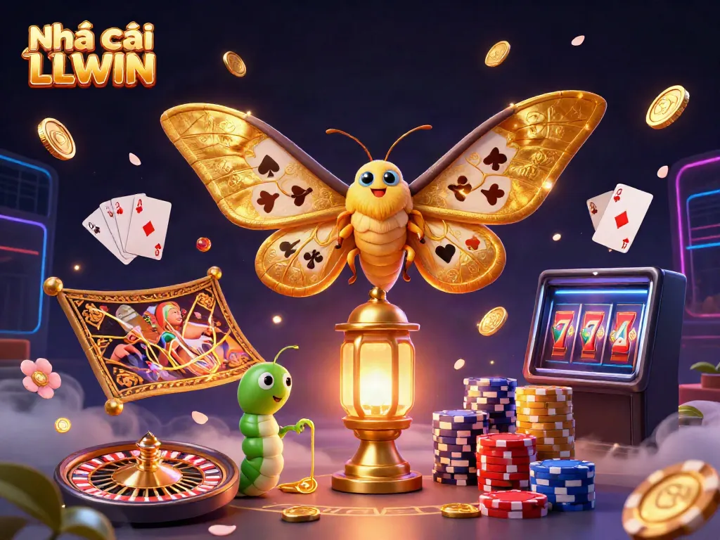 Engaging the thrill at Nhà cái LLWIN with vibrant casino scenes created by a mythical atlas moth, scattered tokens, and festive gaming elements.