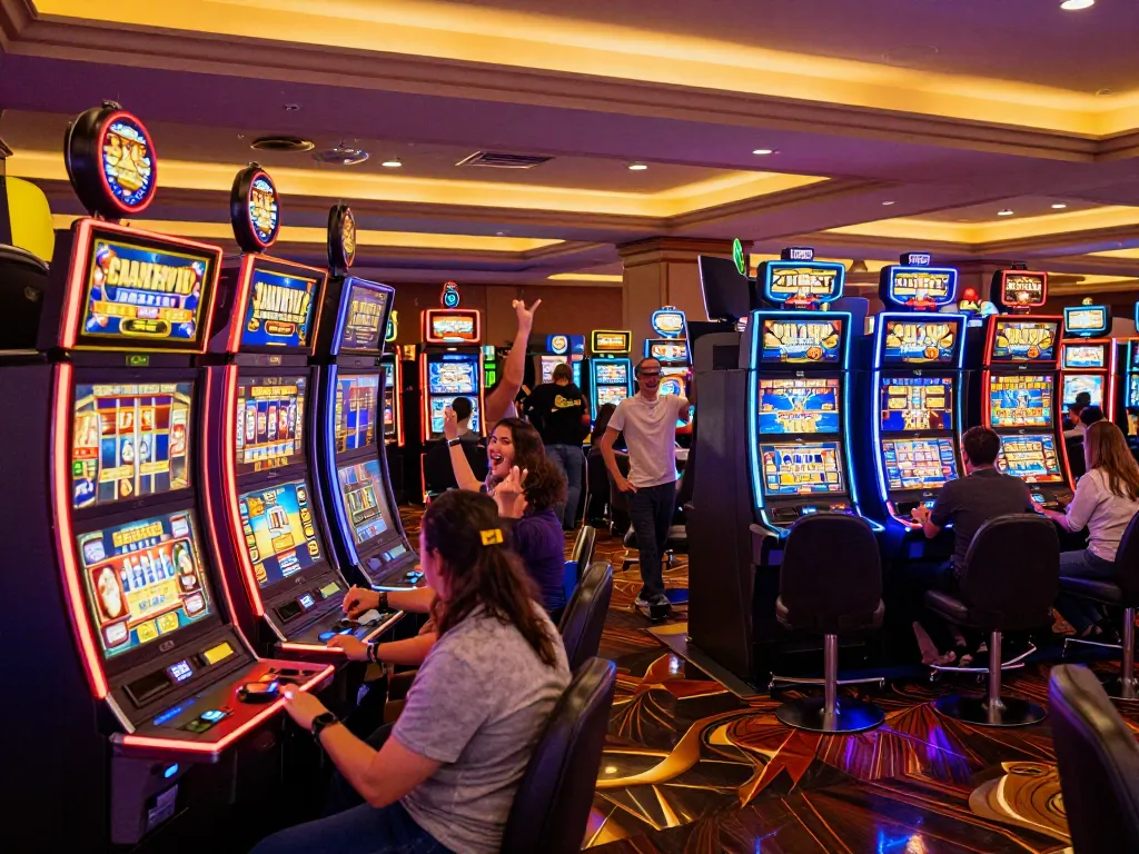 Players celebrating wins at SCATTER911's exciting casino slot machines, vibrant and engaging atmosphere.