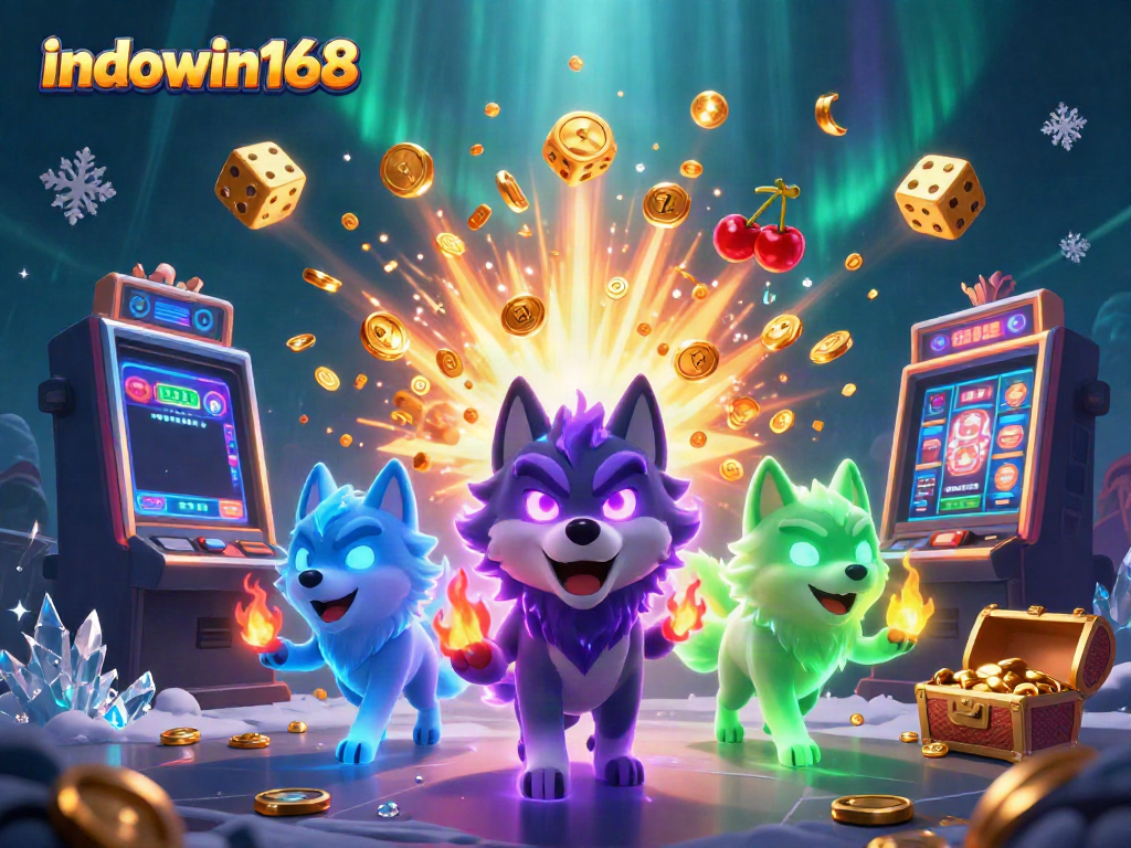 Indowin168 menghadirkan suasana kasino digital dengan pemimpin serigala dan slot mesin jackpot.