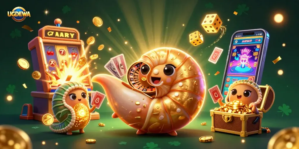 Win big with UGDEWA, where a giant nautilus roulette wheel spins in a vibrant casino scene!
