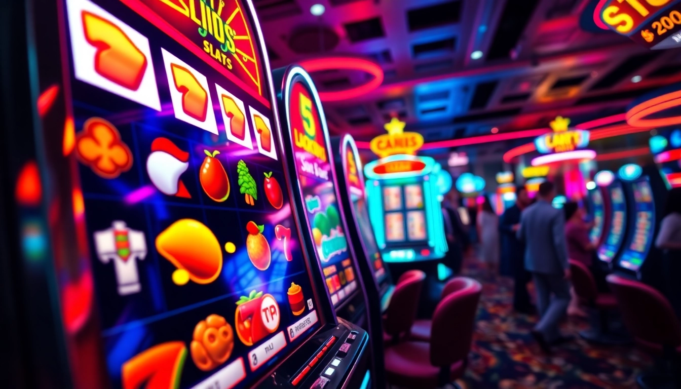 Menang di slot casino dengan mesin berwarna cerah dan simbol menarik.