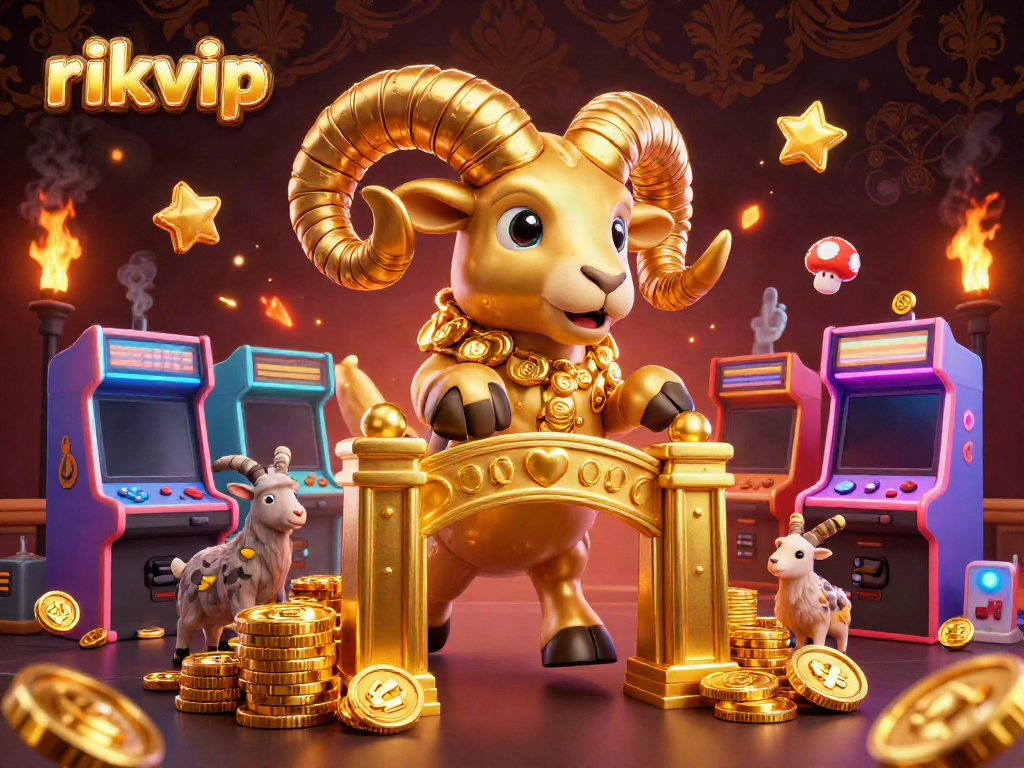 Experience the excitement of rikvip as a golden ram charges through a vibrant gaming scene.