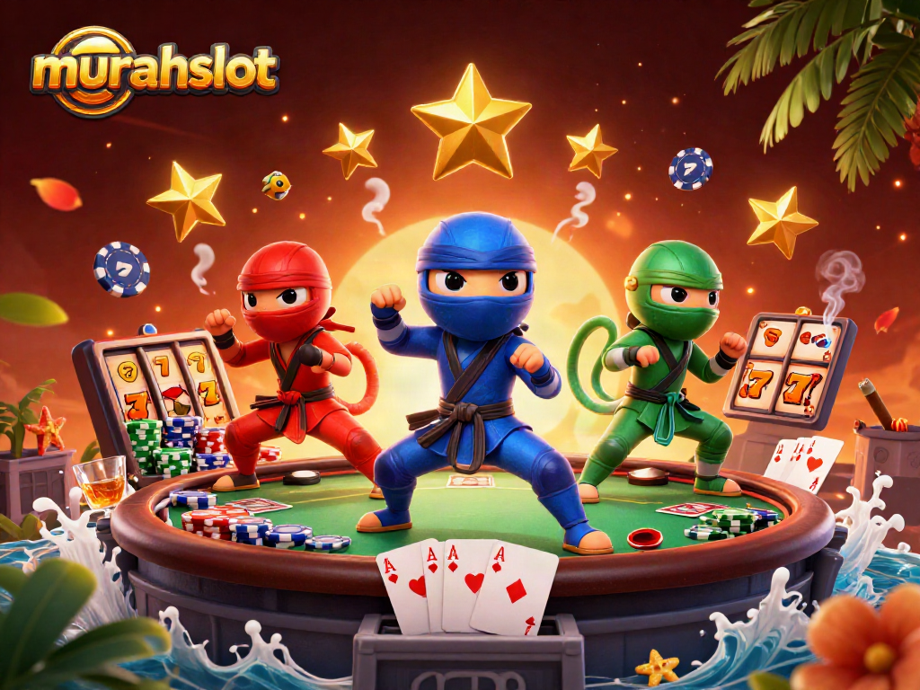 Engage with murahslot while enjoying a colorful casino-themed illustration featuring vibrant 3D characters and dynamic game elements.