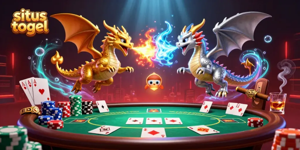 Engage in situs togel action with dynamic dragons and poker elements in an intricate 3D scene.