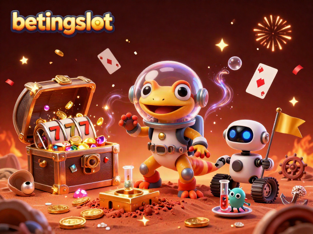 Visualisasi menyenangkan dari betingslot dengan karakter gecko Mars dan elemen kasino yang berlimpah.