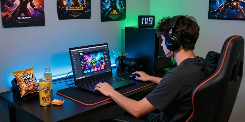 Natunatoto platform game online dengan gamer bersemangat di ruang bermain modern