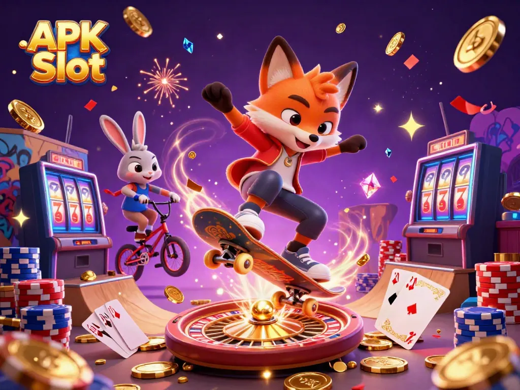 Experience the thrill of APK Slot with dynamic casino gameplay in this vibrant 3D illustration.