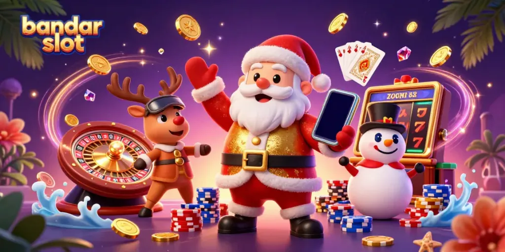 Bandar slot menampilkan Santa Claus 3D ceria dengan smartphone jackpot di kasino.