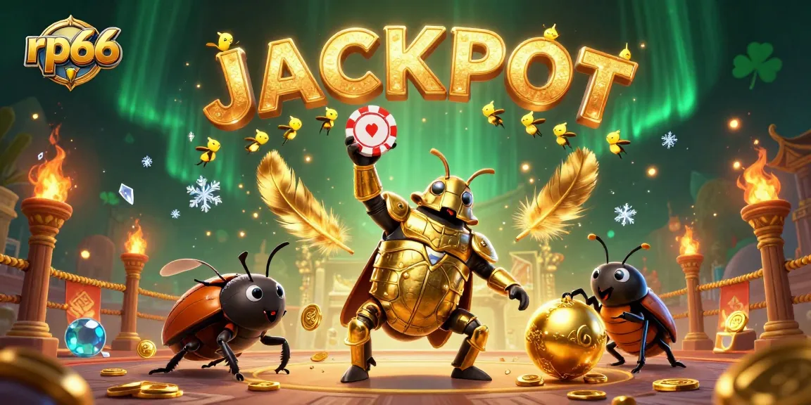 Experience the thrill of rp66 with a heroic beetle celebrating a jackpot in a dynamic casino scene.