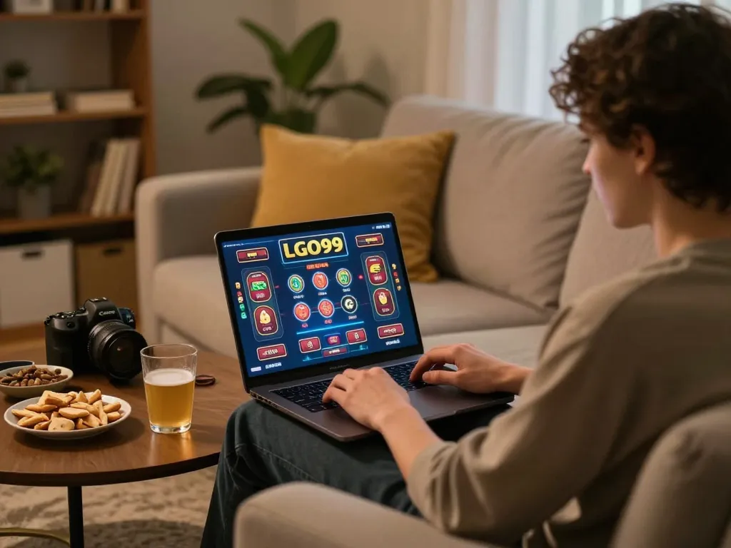 LGO99 player actively engaged in online casino gaming at home, showcasing strategic gameplay.