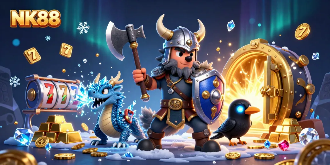 Engage with NK88's vibrant casino world through an energetic scene with a Viking wolf warrior and treasures.