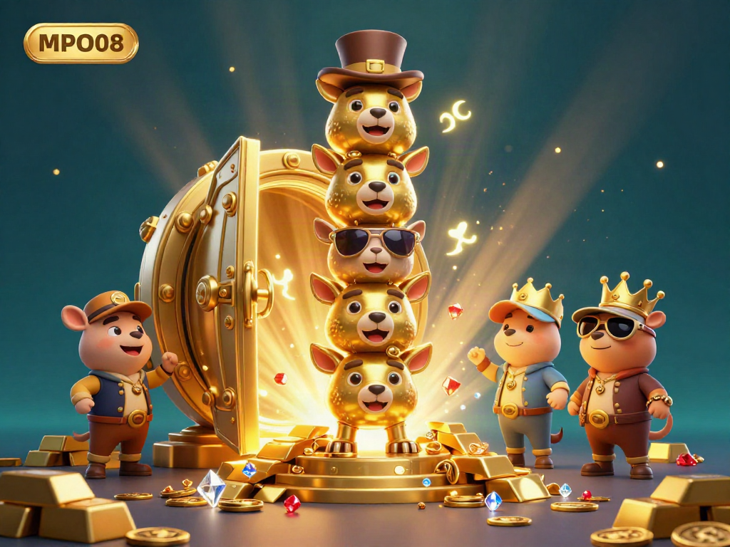 Experience MPO08's online casino adventure with vibrant totem characters and treasure in this animated illustration.