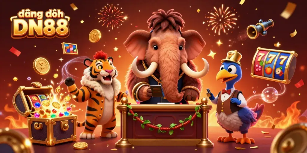 Join the excitement at đăng ký DN88 with a vibrant 3D casino scene filled with treasures and characters.