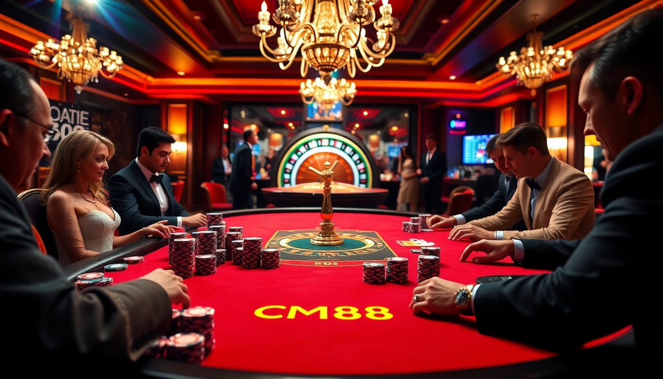 Playing poker with stacked chips and a roulette wheel in a luxurious casino scene featuring CM88 branding.