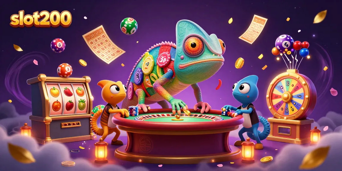Slot200 menampilkan ilustrasi kasino dengan permainan slot dan hadiah emas yang menarik.