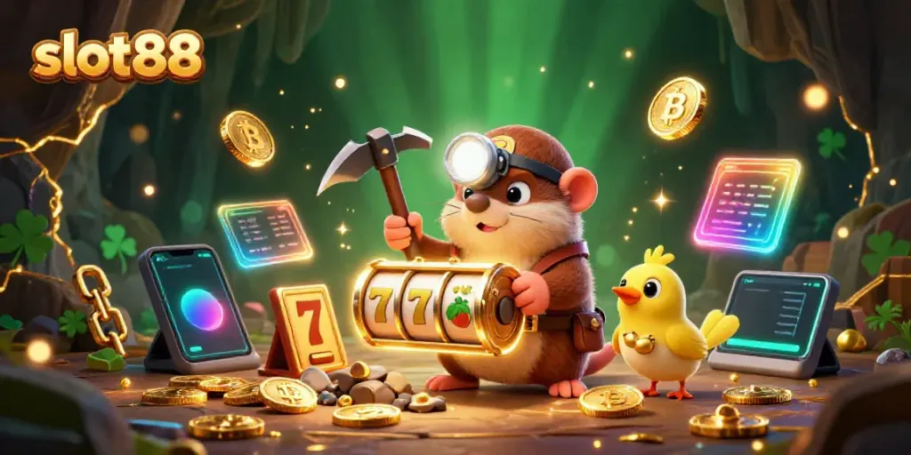 Menangkan slot88 dengan gambar ilustrasi 3D karakter penambang dan simbol slot klasik.