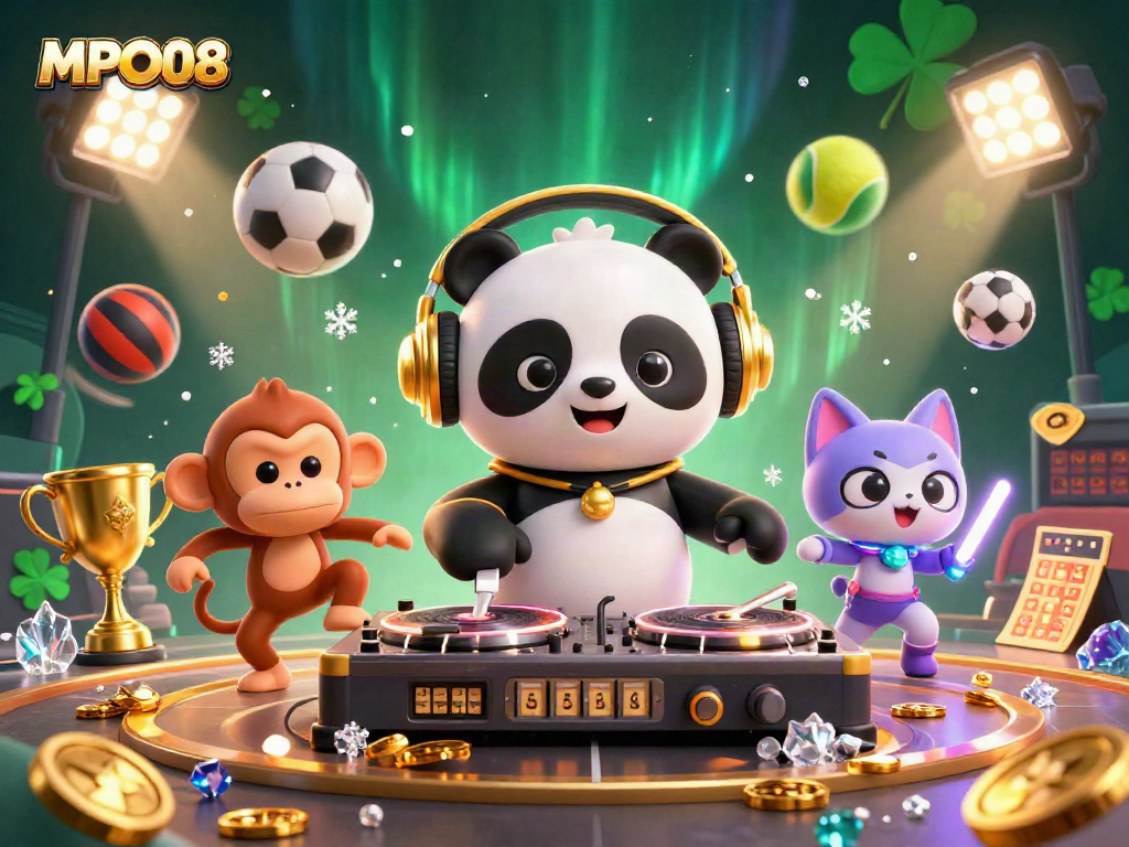MPO08 brings excitement with vibrant cartoon characters in a dazzling casino environment, showcasing dynamic gaming elements.