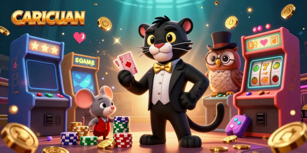 Engage with CARICUAN's dynamic casino action featuring a black panther dealer, colorful game elements, and luck symbols.