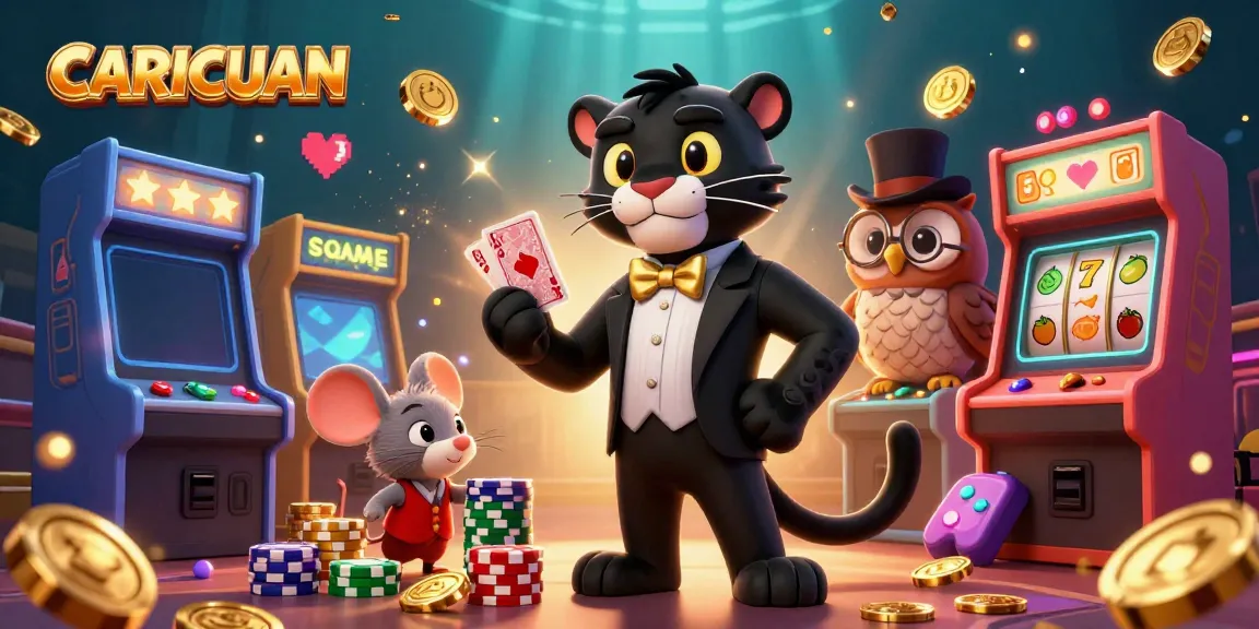 Engage with CARICUAN's dynamic casino action featuring a black panther dealer, colorful game elements, and luck symbols.