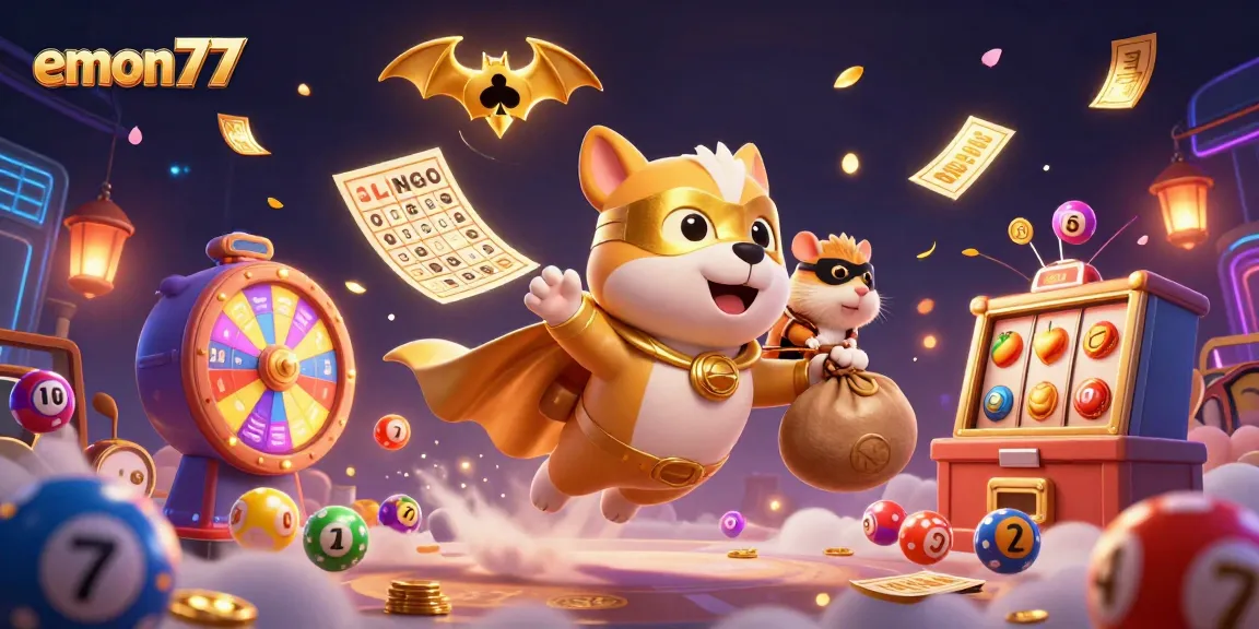 Experience the dynamic world of emon77 with a colorful 3D illustration showcasing a superhero dog and engaging gaming elements.