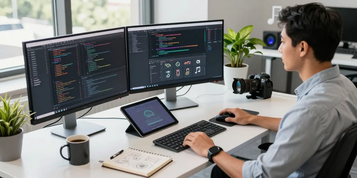 Workspace pengembangan perangkat lunak modern dengan SGA33, monitor coding, dan suasana kolaboratif.