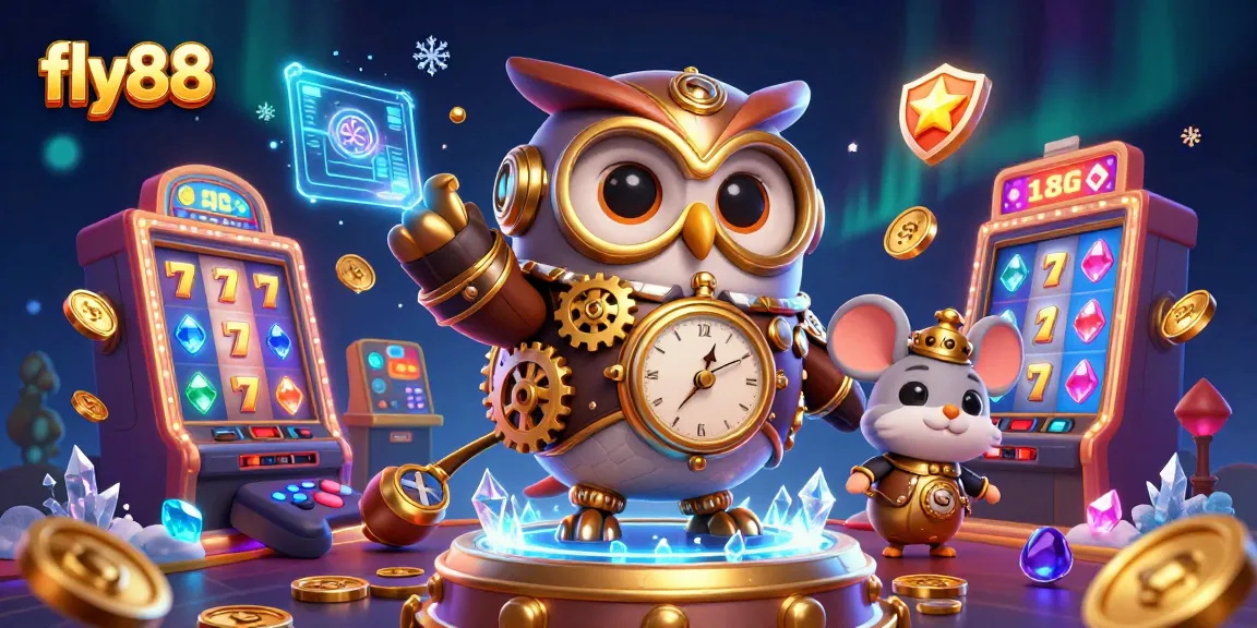 Engage with fly88's vibrant casino universe featuring a dynamic owl and clockwork mouse.