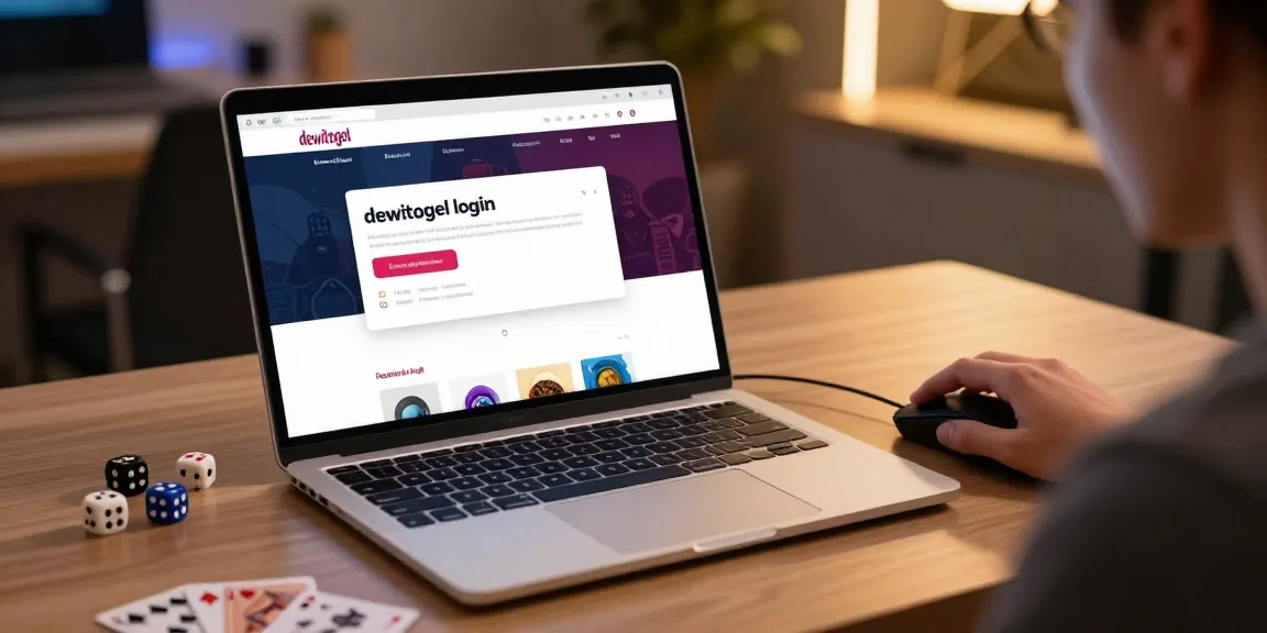 Proses dewitogel login dengan laptop dan aksesori permainan di meja modern.