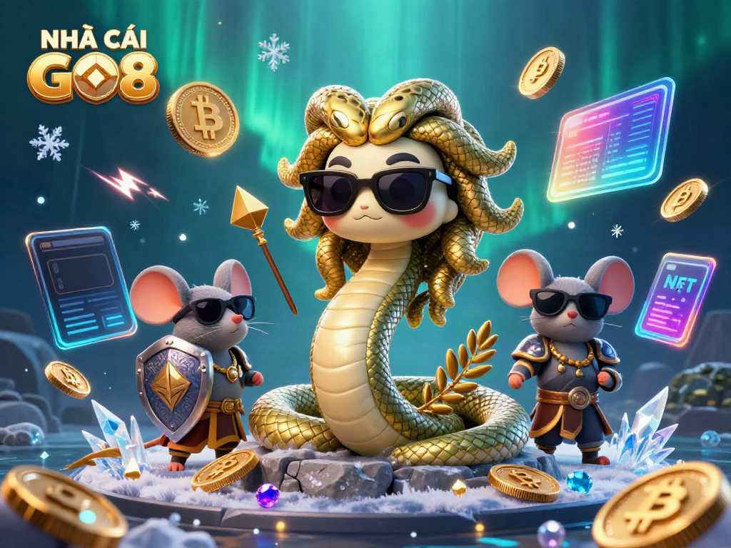 Experience thrilling gameplay with NHÀ CÁI GO8 in this vibrant 3D casino illustration.