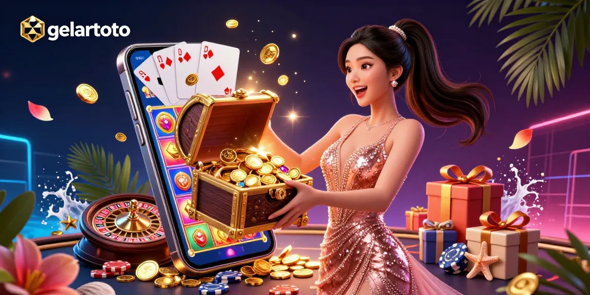 Join the exciting world of gelartoto with a photorealistic woman showcasing treasures in a vibrant casino scene.