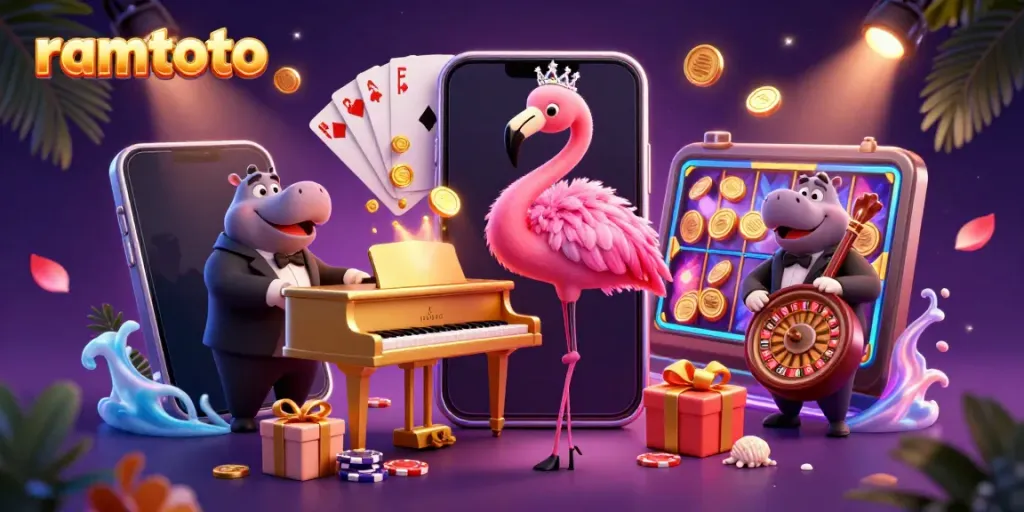Ramtoto menunjukkan kemeriahan kasino dengan penyanyi flamingo dan pemusik hippo.