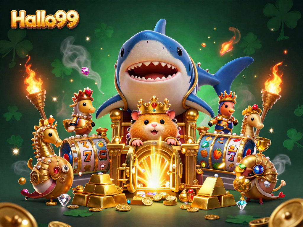 Spin for jackpots at Halo99 with a fierce golden hamster king and royal treasures.