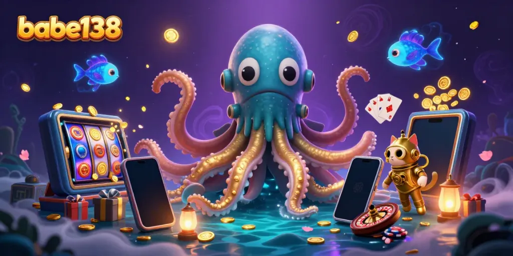 Game slot Babe138 di lautan harta karun bersama kraken dan kucing penyelam.