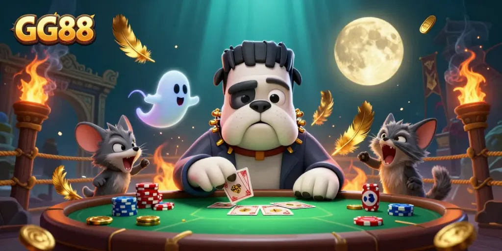 Engage in exciting gaming at GG88's haunted casino with vibrant characters and thrilling card action.