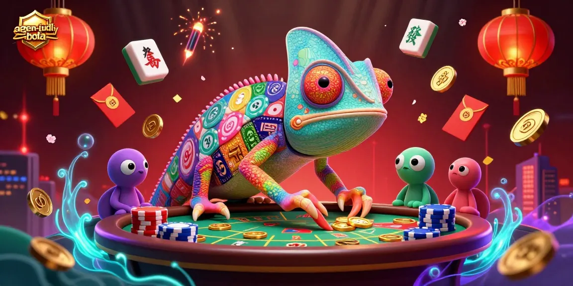 Experience thrilling betting action at agen-judi-bola with vibrant casino elements like chameleon owner and festive decorations.