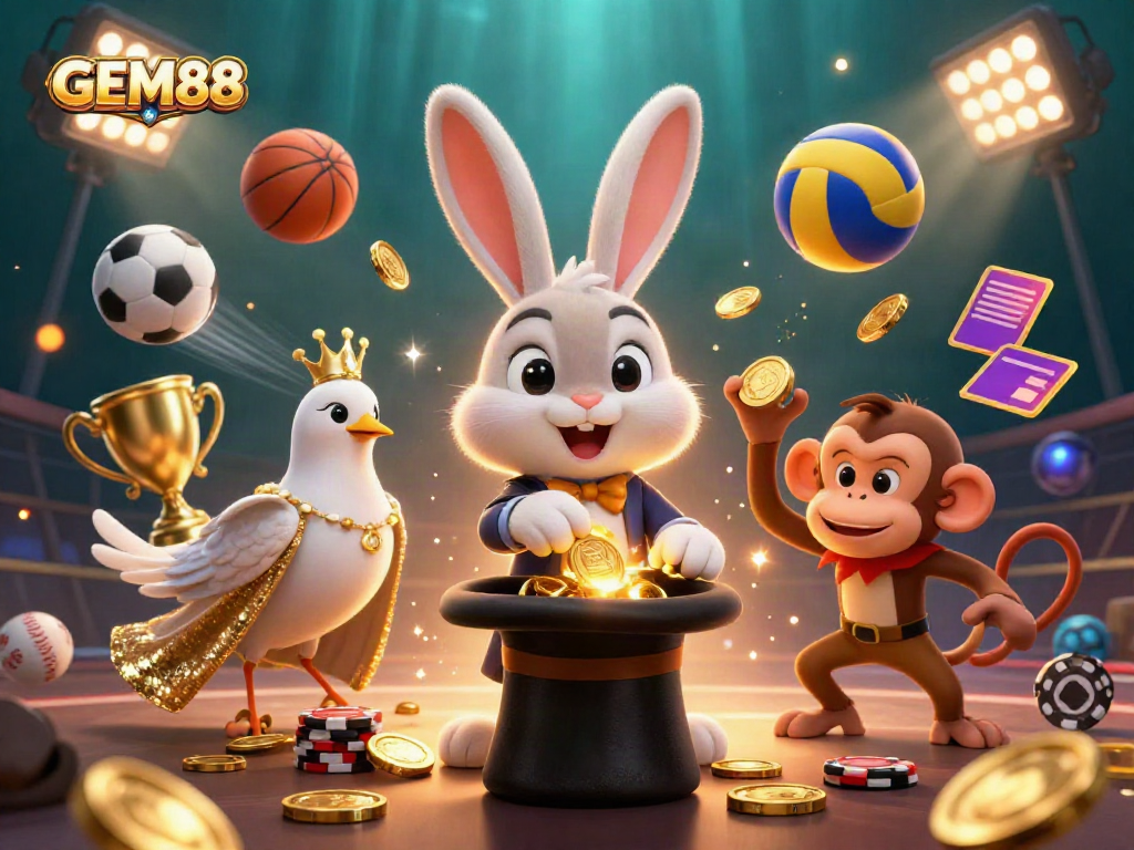 Experience GEM88 with a magician rabbit and lively characters in a dynamic casino scene filled with excitement.