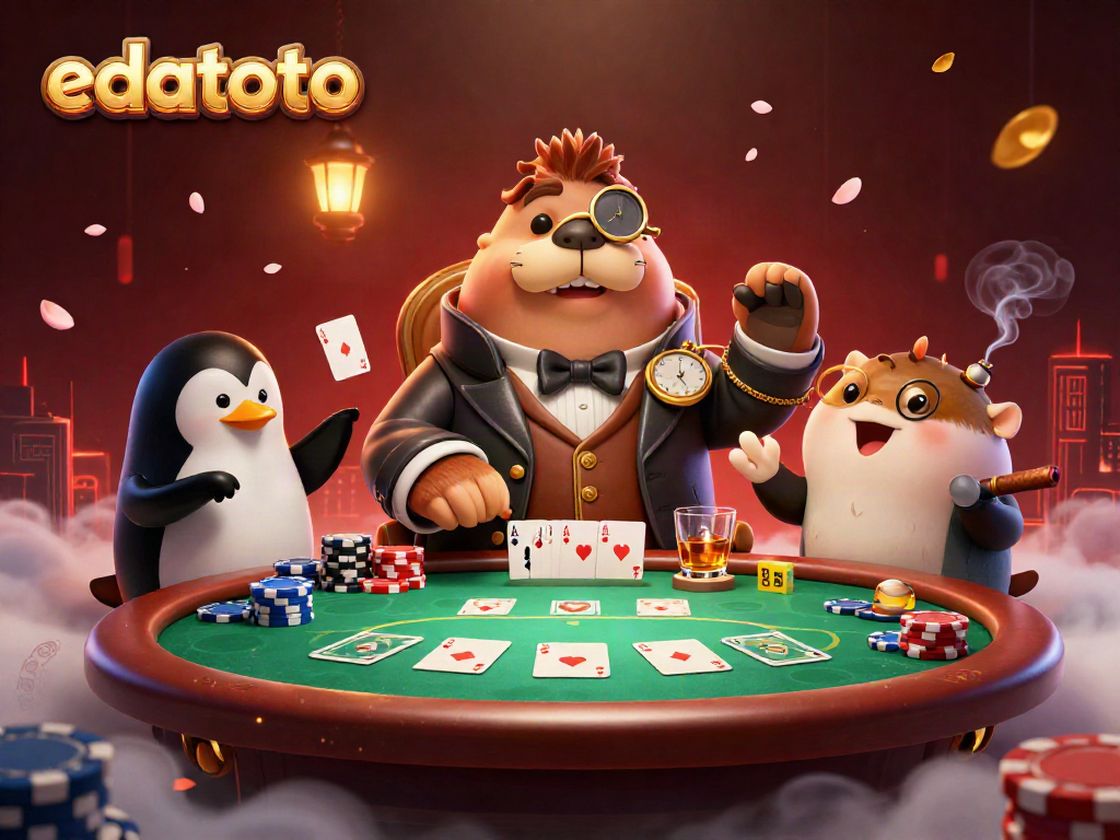 Gambarkan permainan poker edatoto dengan ikan puffer yang menggertak di meja, dikelilingi chip warna-warni.