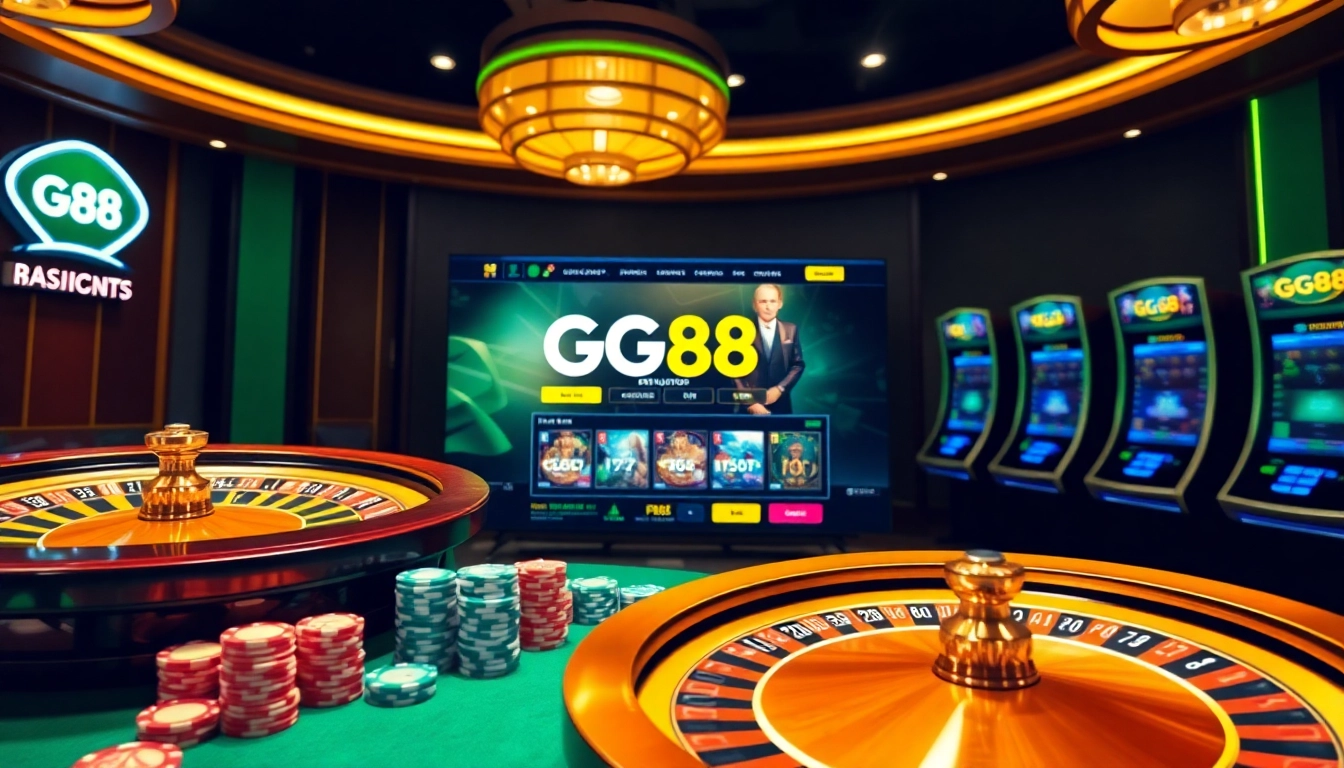 Engage with the thrilling GG88 online casino, featuring vibrant slot machines and a classy roulette wheel.