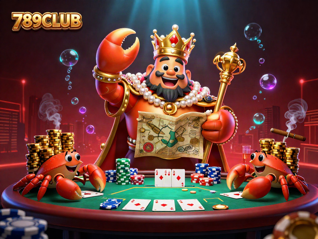 Engage with 789CLUB's golden crab emperor amid vibrant casino elements, showcasing thrilling gaming action.