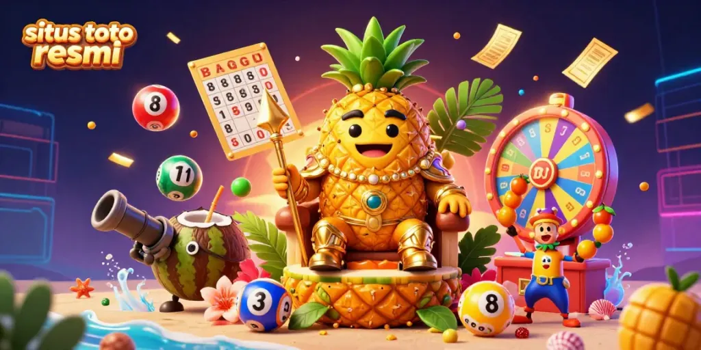 Situs toto resmi showcases a vibrant beach casino scene with a golden pineapple king and various dynamic lottery elements.