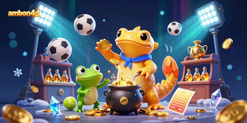 Join the excitement of ambon4d with a cartoon alchemist processing gold coins in a vibrant casino scene.