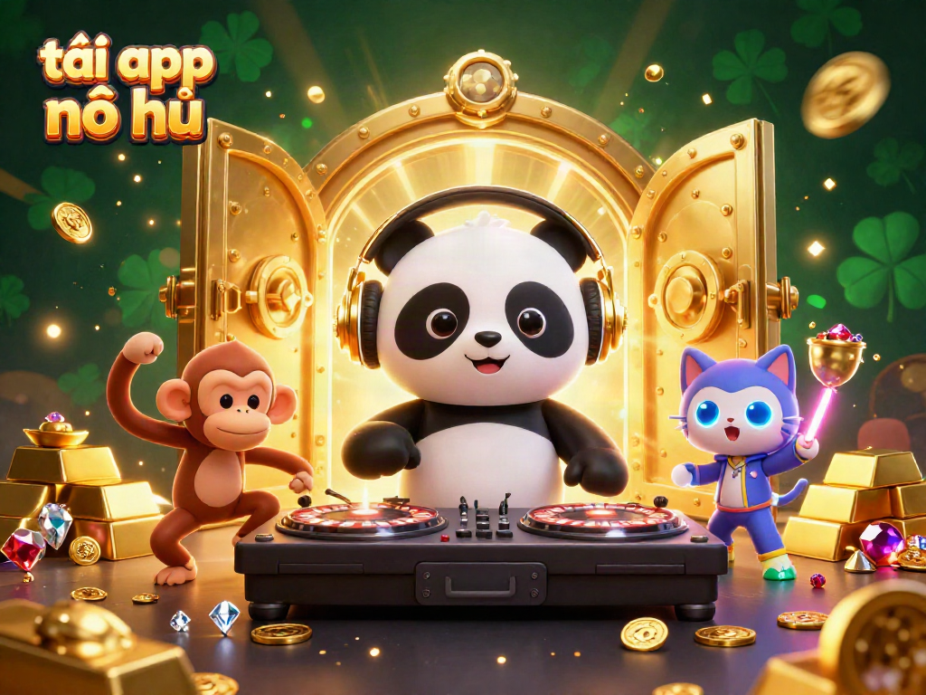 Engaging scene showing the dynamic characters celebrating while playing at tải app nổ hũ, surrounded by sparkling treasures.