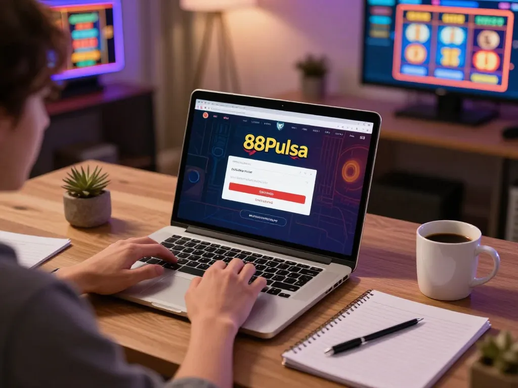 A user accessing 88Pulsa login on a laptop while preparing a gambling strategy at home, showcasing a comfortable gaming environment.