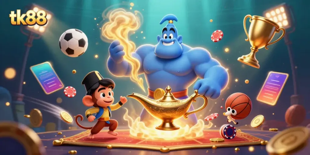 Engage in the excitement of tk88 with a vibrant illustration of a blue genie, poker chips, and sports elements.