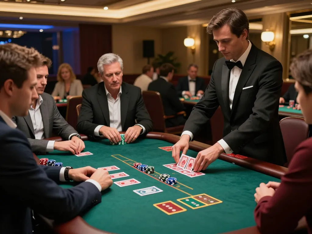 lc88 players engaging at a blackjack table with vibrant chips and cards in a luxurious casino