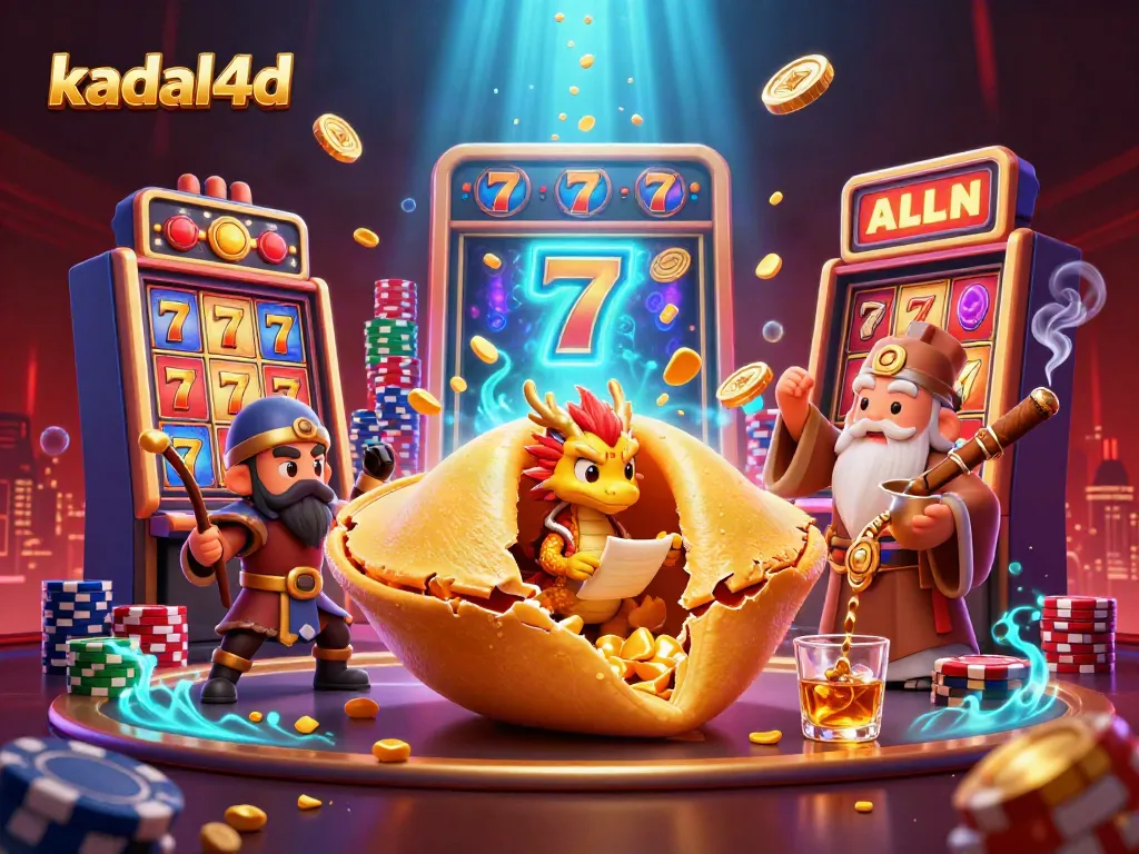 Engage with kadal4d in a vibrant 3D illustration featuring a golden fortune cookie with casino elements.