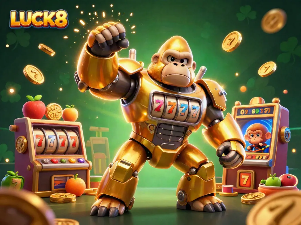 Experience the thrill of LUCK8 with a golden gorilla mech and vibrant slot machines in an electrifying scene.